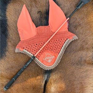 LeMieux Apricot Ear Bonnet and Riding Crop